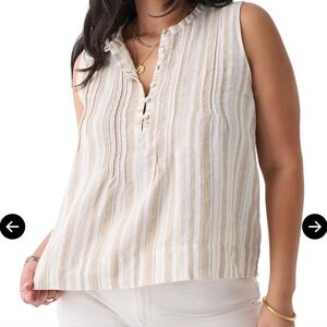 Faherty Natural Bombay Stripe Isha Pintuck Pleat Linen Tank Top Size L